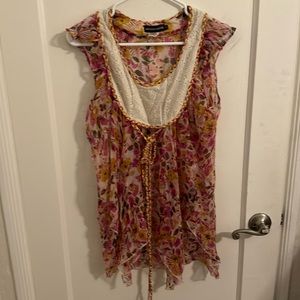 Antik Batik Women’s Flowy Floral Silk with Eyelet Accents Sleeveless Top-Large